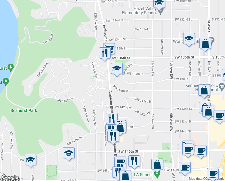 map of restaurants, bars, coffee shops, grocery stores, and more near 861 Southwest 139th Street in Burien
