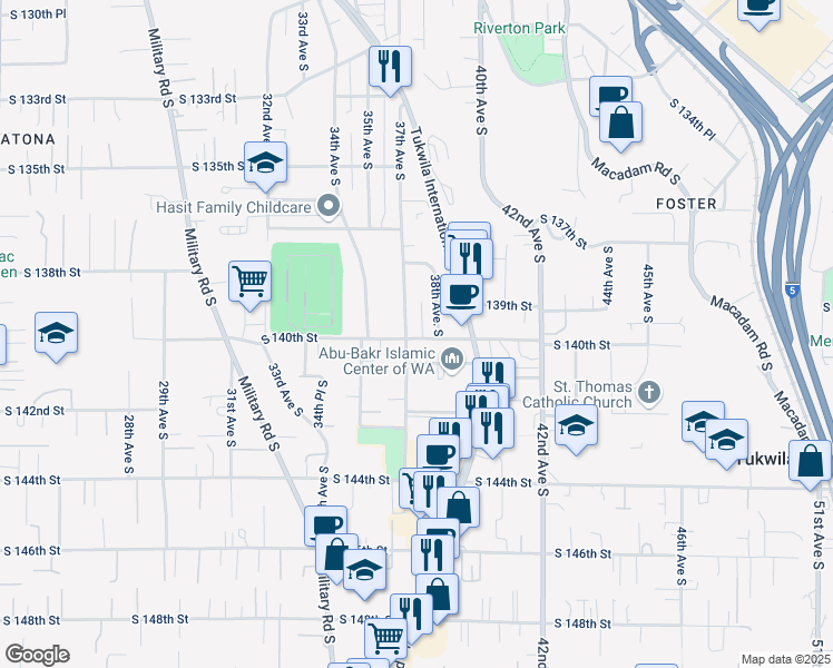 map of restaurants, bars, coffee shops, grocery stores, and more near 13880 37th Avenue South in Tukwila