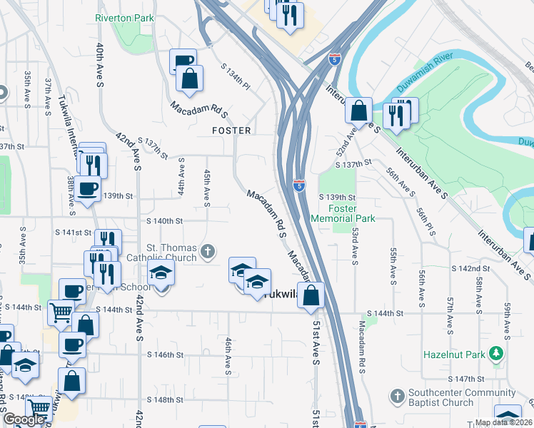 map of restaurants, bars, coffee shops, grocery stores, and more near 13827 Macadam Road South in Tukwila