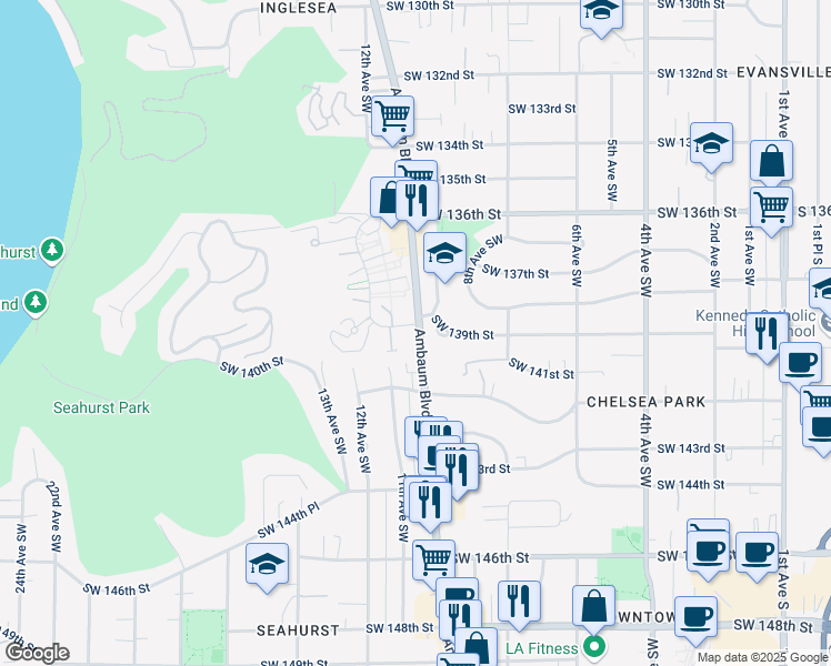 map of restaurants, bars, coffee shops, grocery stores, and more near 861 Southwest 139th Street in Burien