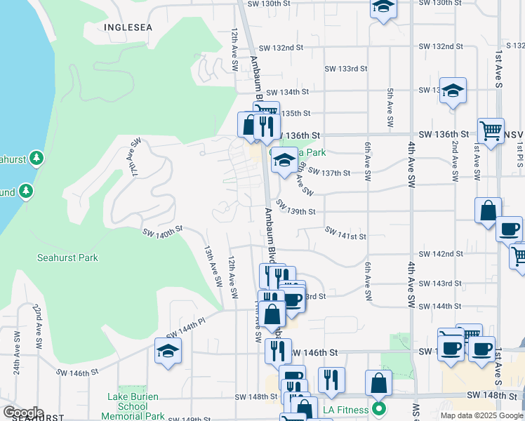 map of restaurants, bars, coffee shops, grocery stores, and more near 1115 Southwest 139th Street in Burien