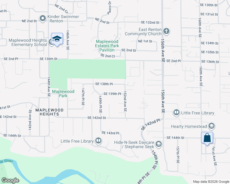map of restaurants, bars, coffee shops, grocery stores, and more near 15104 Southeast 139th Place in Renton