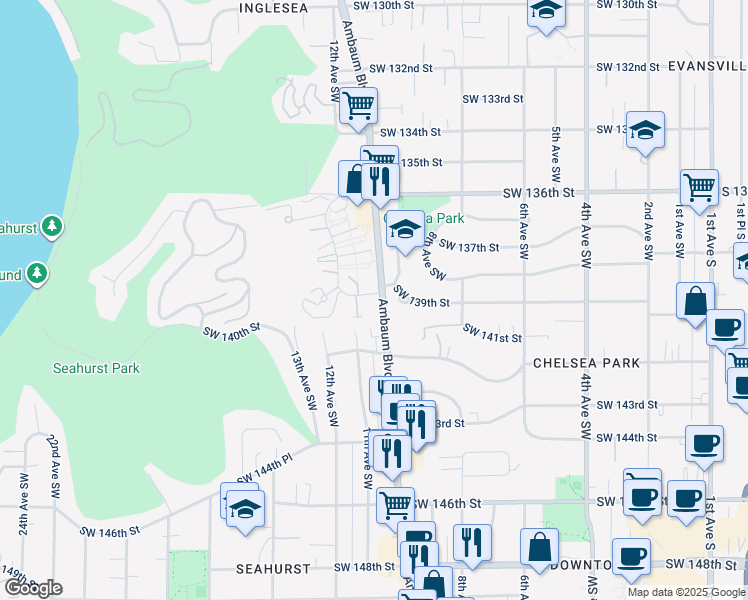 map of restaurants, bars, coffee shops, grocery stores, and more near 14001 Ambaum Boulevard Southwest in Burien