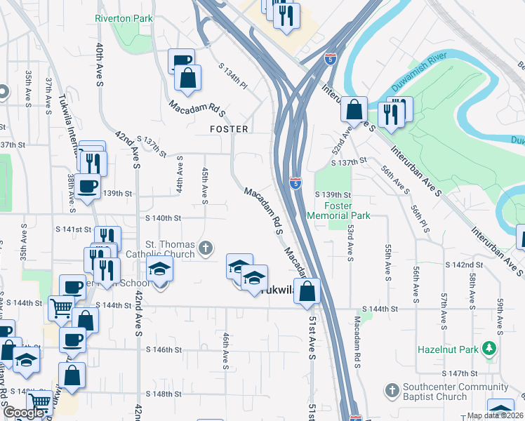 map of restaurants, bars, coffee shops, grocery stores, and more near 13827 Macadam Road South in Tukwila