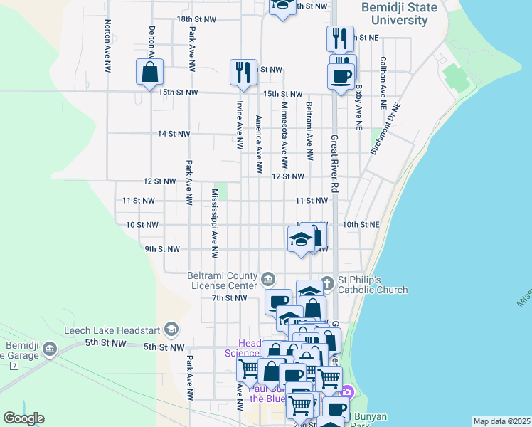 map of restaurants, bars, coffee shops, grocery stores, and more near 1008 America Avenue Northwest in Bemidji