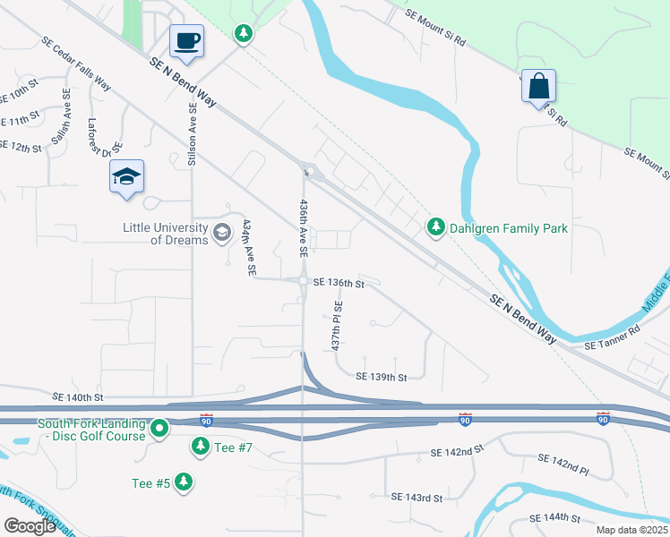 map of restaurants, bars, coffee shops, grocery stores, and more near 1835 Southeast 136th Street in North Bend