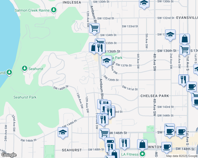 map of restaurants, bars, coffee shops, grocery stores, and more near 1101 Southwest 139th Street in Seattle