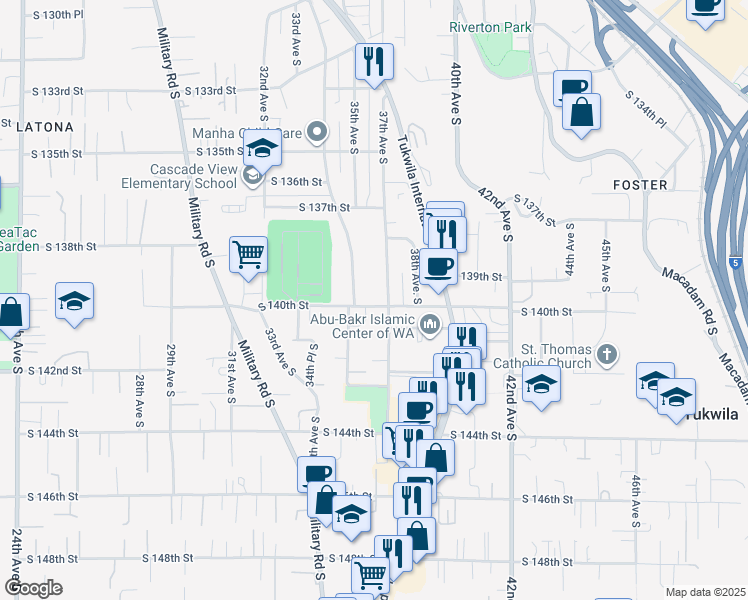 map of restaurants, bars, coffee shops, grocery stores, and more near 13798 34th Avenue South in Tukwila