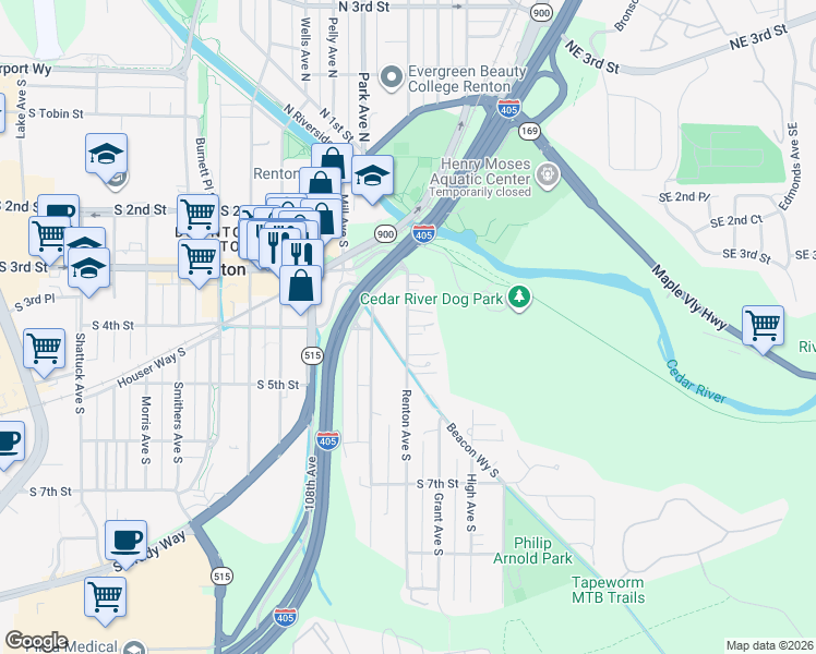 map of restaurants, bars, coffee shops, grocery stores, and more near 343 Renton Ave S in Renton