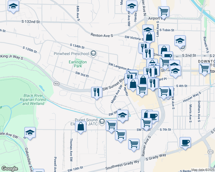 map of restaurants, bars, coffee shops, grocery stores, and more near 420 Washington 900 in Renton
