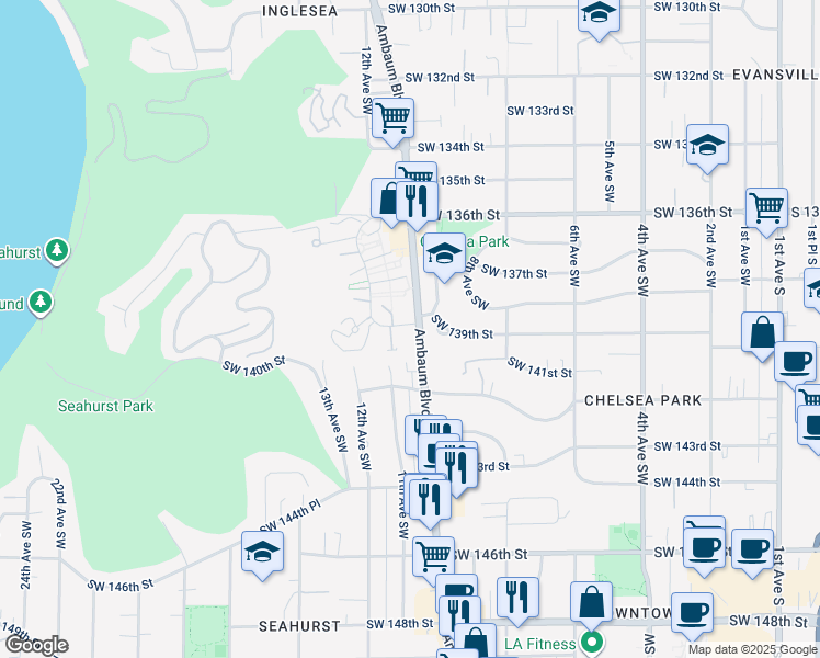 map of restaurants, bars, coffee shops, grocery stores, and more near 1115 Southwest 139th Street in Burien