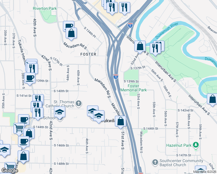 map of restaurants, bars, coffee shops, grocery stores, and more near 13836 Macadam Road South in Tukwila