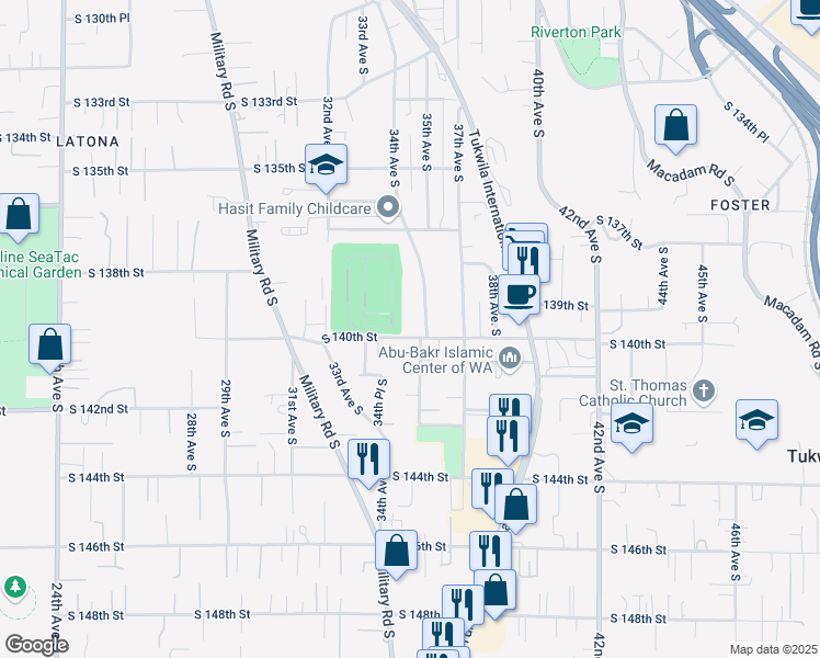 map of restaurants, bars, coffee shops, grocery stores, and more near 3374 South 140th Street in Tukwila