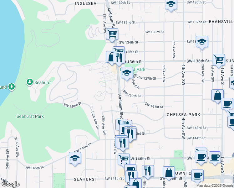 map of restaurants, bars, coffee shops, grocery stores, and more near 1115 Southwest 139th Street in Burien