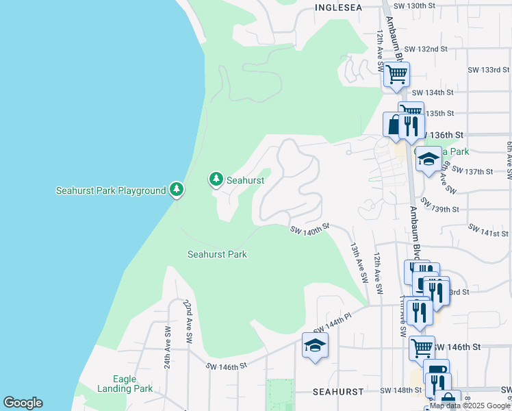 map of restaurants, bars, coffee shops, grocery stores, and more near 13845 17th Avenue Southwest in Burien