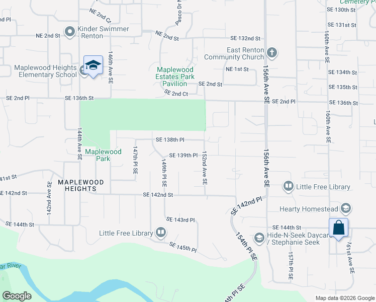 map of restaurants, bars, coffee shops, grocery stores, and more near 15104 Southeast 139th Place in Renton