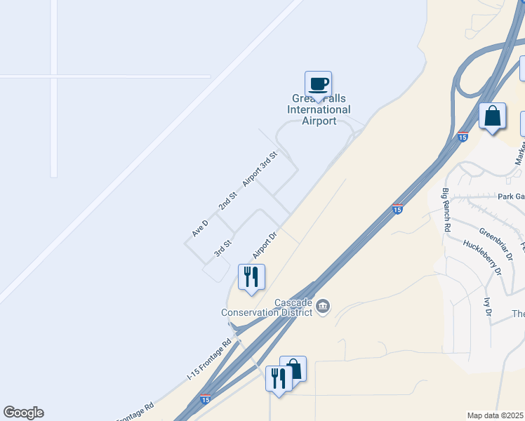 map of restaurants, bars, coffee shops, grocery stores, and more near 2800 Terminal Drive in Great Falls