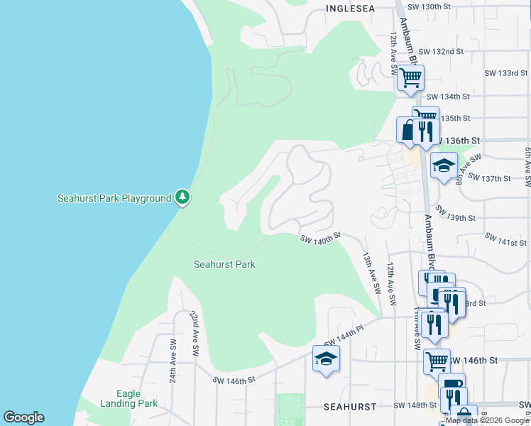 map of restaurants, bars, coffee shops, grocery stores, and more near 13845 17th Avenue Southwest in Burien