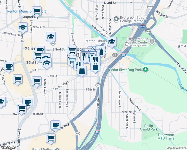map of restaurants, bars, coffee shops, grocery stores, and more near 920 South 4th Street in Renton