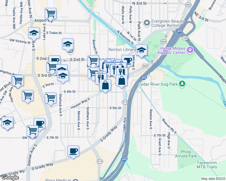 map of restaurants, bars, coffee shops, grocery stores, and more near 410 Williams Avenue South in Renton