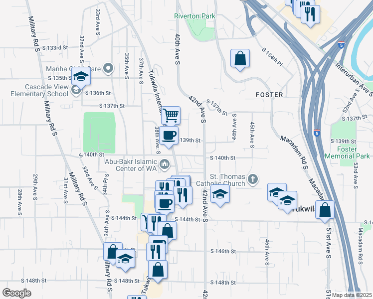 map of restaurants, bars, coffee shops, grocery stores, and more near 4020 South 140th Street in Tukwila