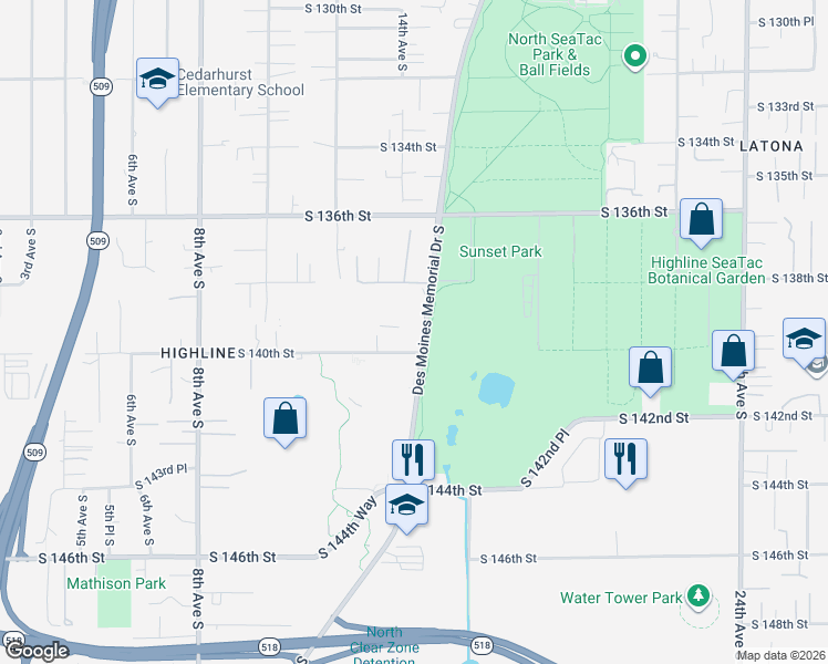 map of restaurants, bars, coffee shops, grocery stores, and more near 13851 Des Moines Memorial Drive South in SeaTac