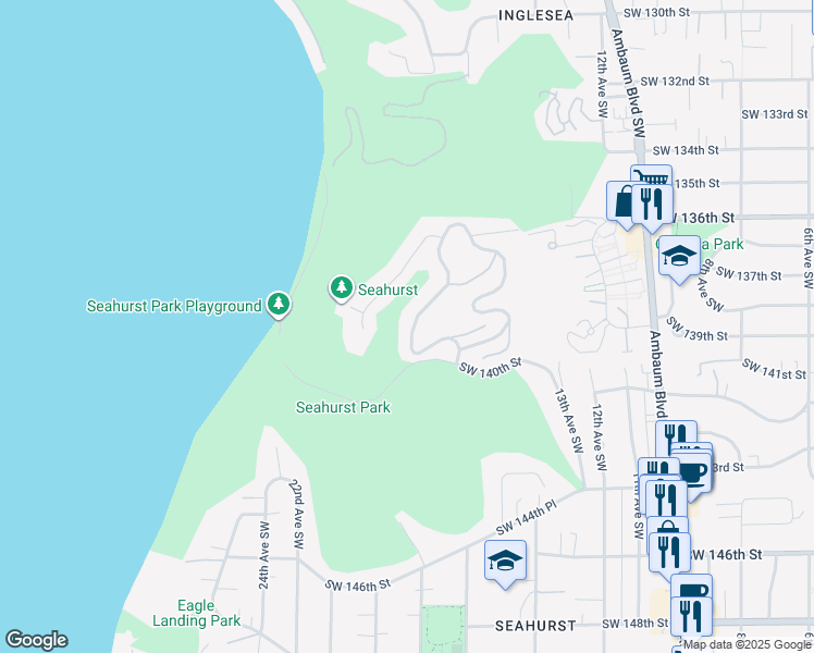 map of restaurants, bars, coffee shops, grocery stores, and more near 13845 17th Avenue Southwest in Burien