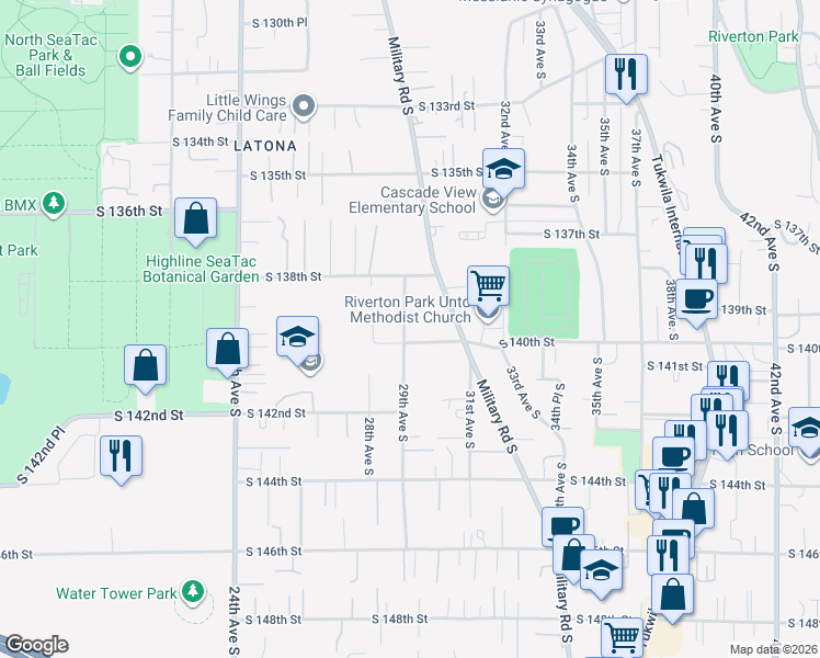 map of restaurants, bars, coffee shops, grocery stores, and more near 13848 29th Avenue South in SeaTac