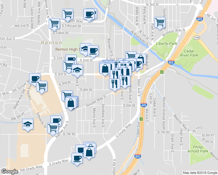 map of restaurants, bars, coffee shops, grocery stores, and more near 502 Burnett Avenue South in Renton