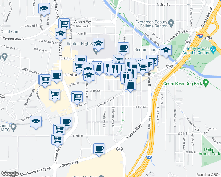 map of restaurants, bars, coffee shops, grocery stores, and more near 416 Williams Avenue South in Renton