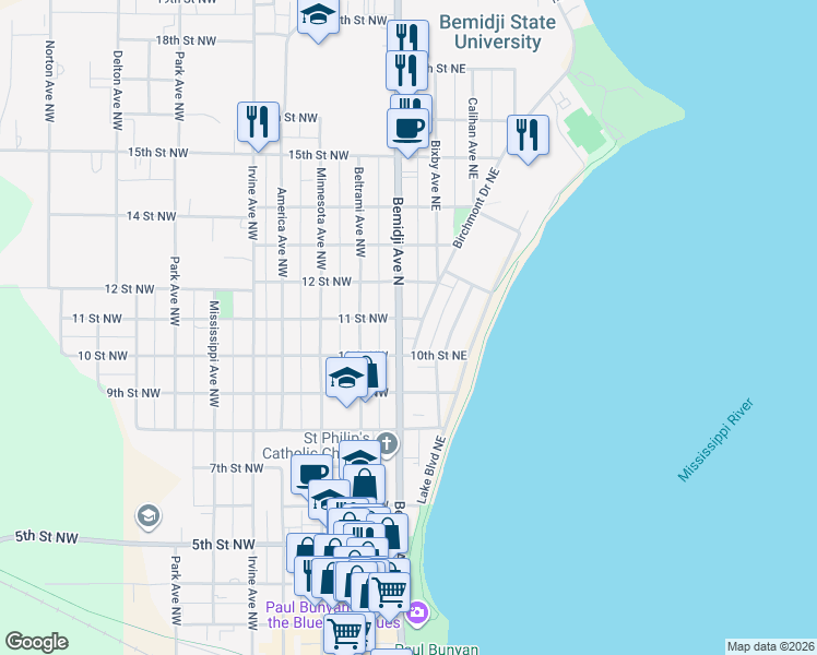 map of restaurants, bars, coffee shops, grocery stores, and more near 1004 Paul Bunyan Drive Southeast in Bemidji