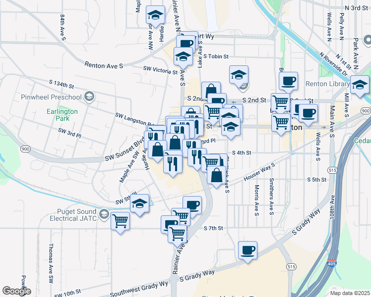 map of restaurants, bars, coffee shops, grocery stores, and more near Renton Center Way in Renton