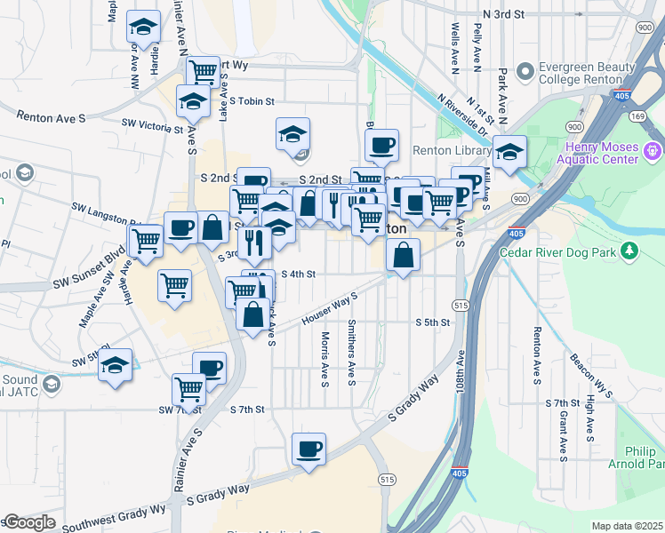 map of restaurants, bars, coffee shops, grocery stores, and more near 340 Morris Avenue South in Renton