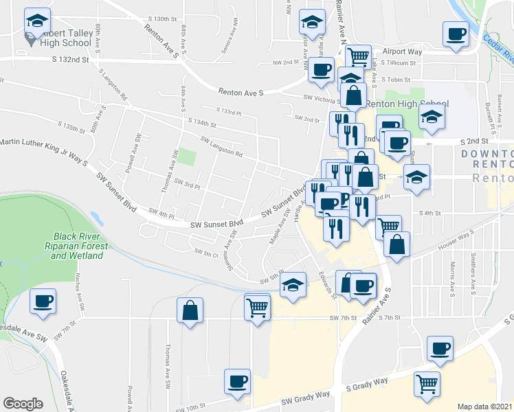 map of restaurants, bars, coffee shops, grocery stores, and more near 420 Washington 900 in Renton