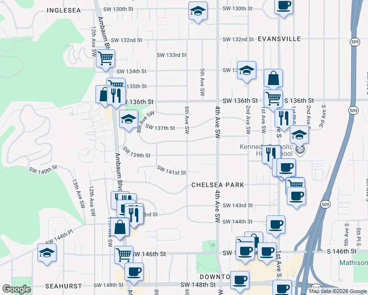 map of restaurants, bars, coffee shops, grocery stores, and more near 515 Southwest 139th Street in Burien