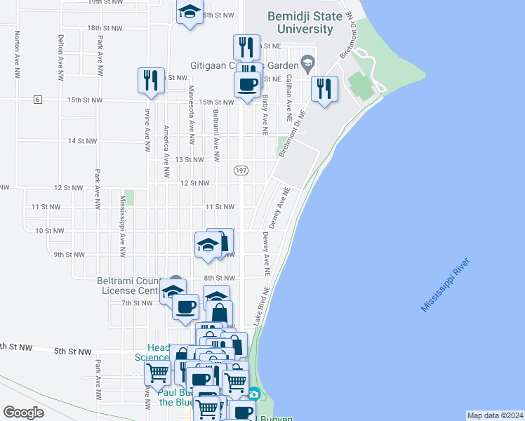 map of restaurants, bars, coffee shops, grocery stores, and more near 1007 Dewey Avenue Northeast in Bemidji