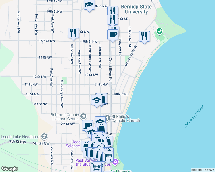 map of restaurants, bars, coffee shops, grocery stores, and more near 1004 Paul Bunyan Drive Southeast in Bemidji