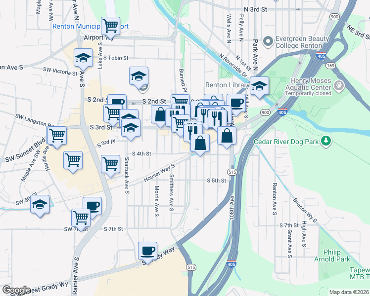 map of restaurants, bars, coffee shops, grocery stores, and more near 339 Burnett Avenue South in Renton