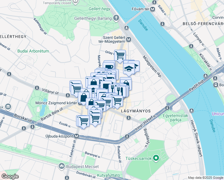 map of restaurants, bars, coffee shops, grocery stores, and more near in Budapest