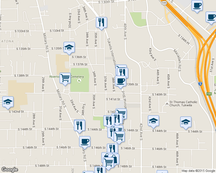 map of restaurants, bars, coffee shops, grocery stores, and more near 13880 37th Avenue South in Tukwila