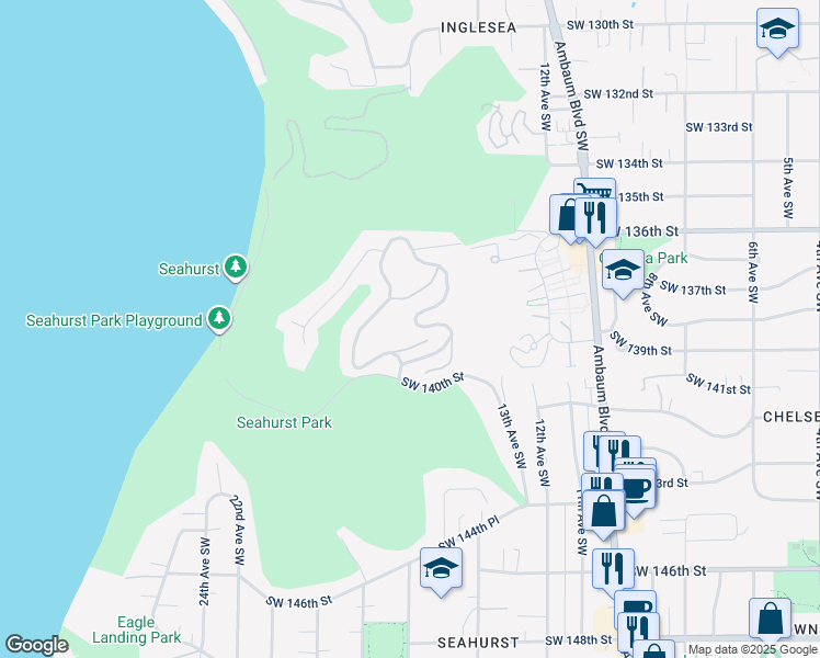 map of restaurants, bars, coffee shops, grocery stores, and more near 13918 16th Place Southwest in Burien