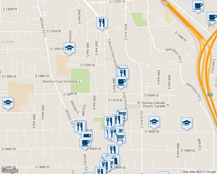 map of restaurants, bars, coffee shops, grocery stores, and more near 13856 37th Avenue South in Tukwila