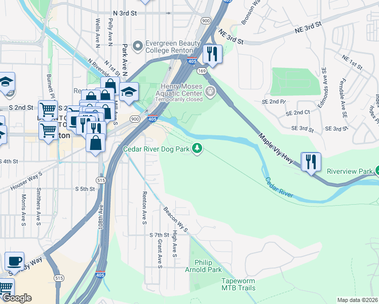 map of restaurants, bars, coffee shops, grocery stores, and more near 1500 Houser Way South in Renton