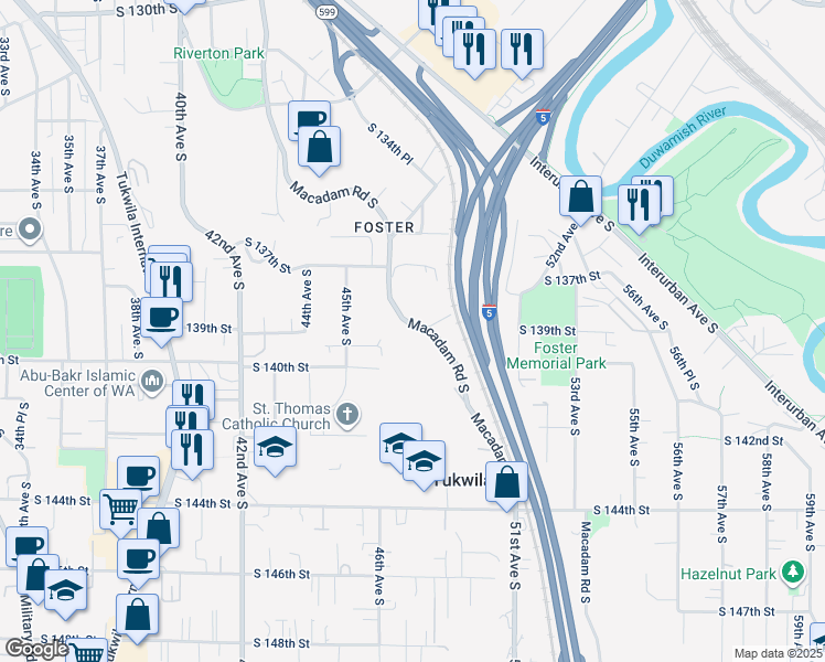 map of restaurants, bars, coffee shops, grocery stores, and more near 13765 Macadam Road South in Tukwila