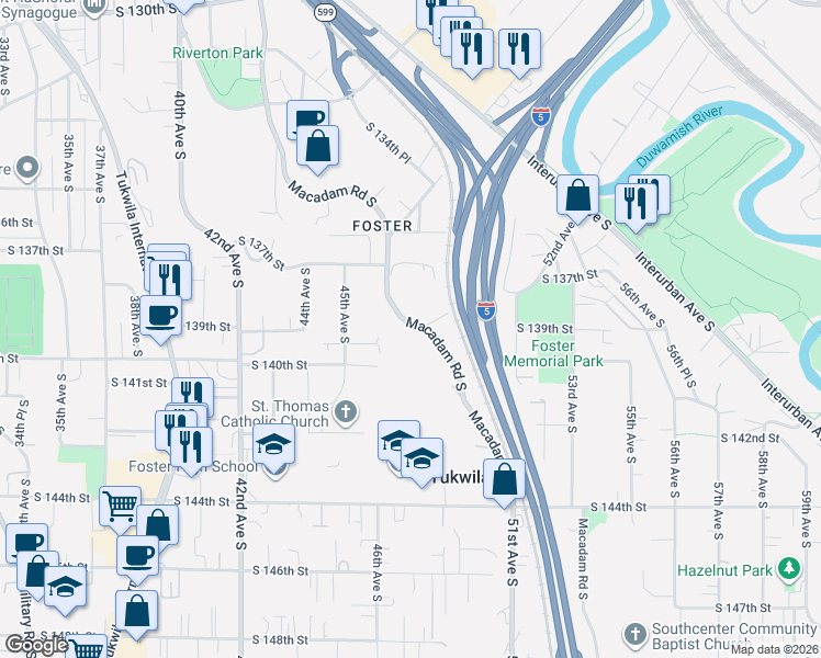 map of restaurants, bars, coffee shops, grocery stores, and more near 13765 Macadam Road South in Tukwila