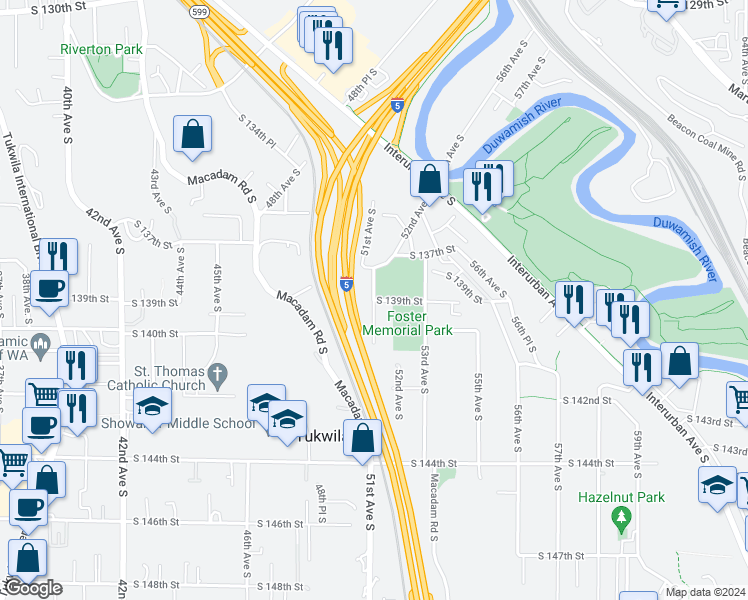 map of restaurants, bars, coffee shops, grocery stores, and more near South 139th Street in Tukwila