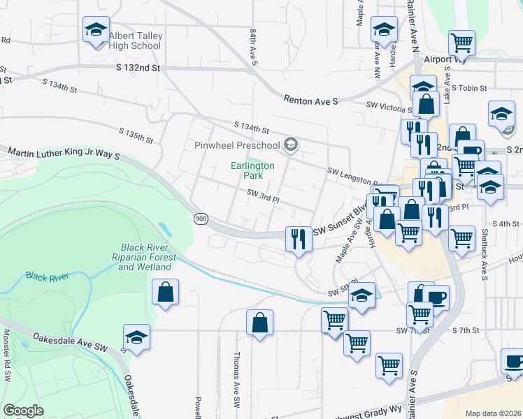 map of restaurants, bars, coffee shops, grocery stores, and more near 800 Southwest 3rd Place in Renton
