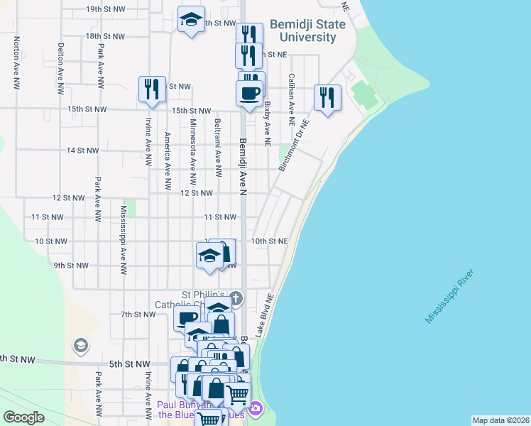 map of restaurants, bars, coffee shops, grocery stores, and more near 1134 Birchmont Drive Northeast in Bemidji