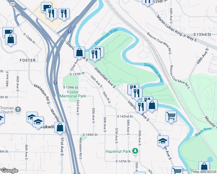 map of restaurants, bars, coffee shops, grocery stores, and more near 13815 Interurban Avenue South in Tukwila