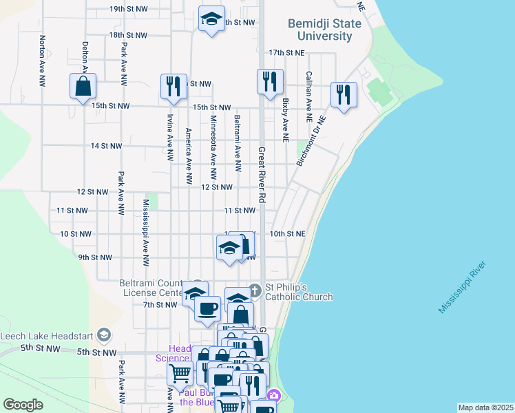 map of restaurants, bars, coffee shops, grocery stores, and more near 1126 U.S. 2 Old in Bemidji